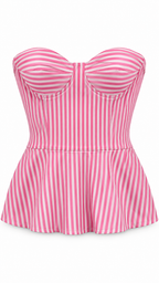 Pink and white vertically striped strapless bustier top with a sweetheart neckline and peplum hem, shown on a plain white background.