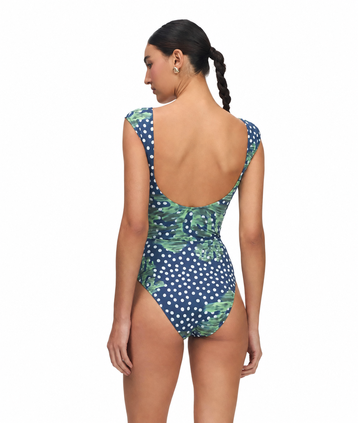 HAALS Selene One-Piece Swimsuit navy polka dot and green tropical print ruched one-piece back view with open low back