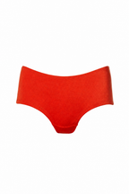 Bright red low-rise bikini bottoms shown flat against a solid white background.