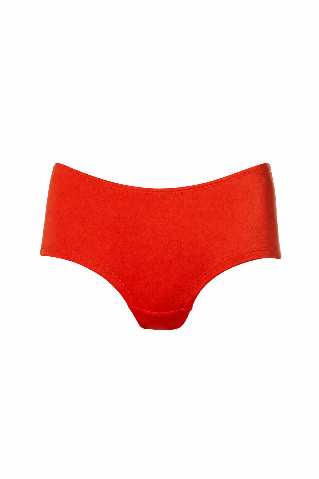 Bright red low-rise bikini bottoms shown flat against a solid white background.
