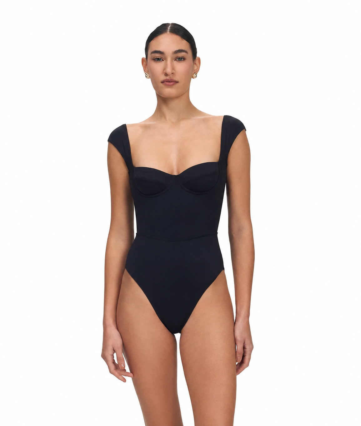 HAALS Selene One-Piece Swimsuit black one-piece with sweetheart neckline and cap sleeves front view
