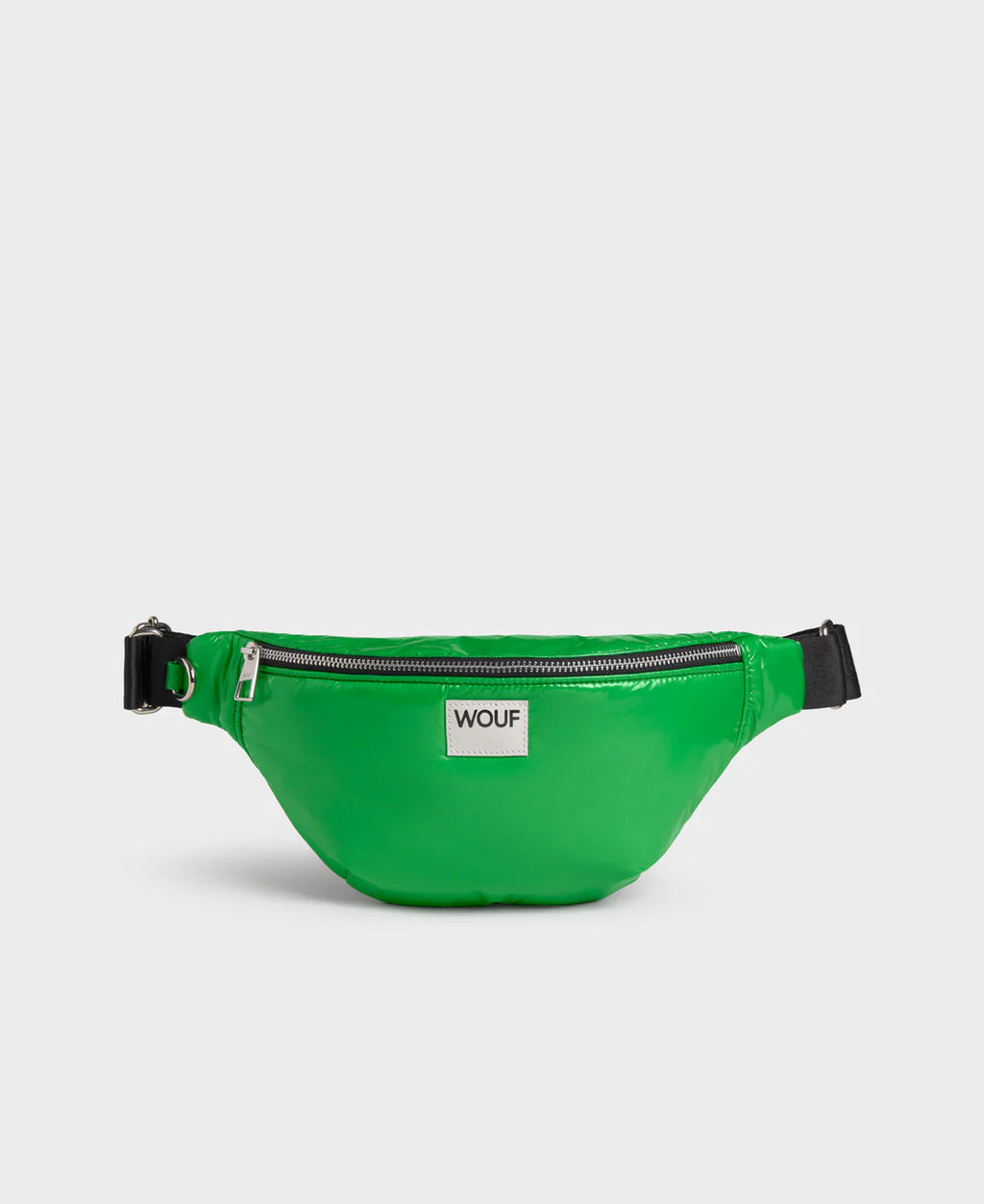 Green waist bag with a visible brand logo on a light gray background