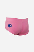 Pink shorts with a blue eye logo on a white background