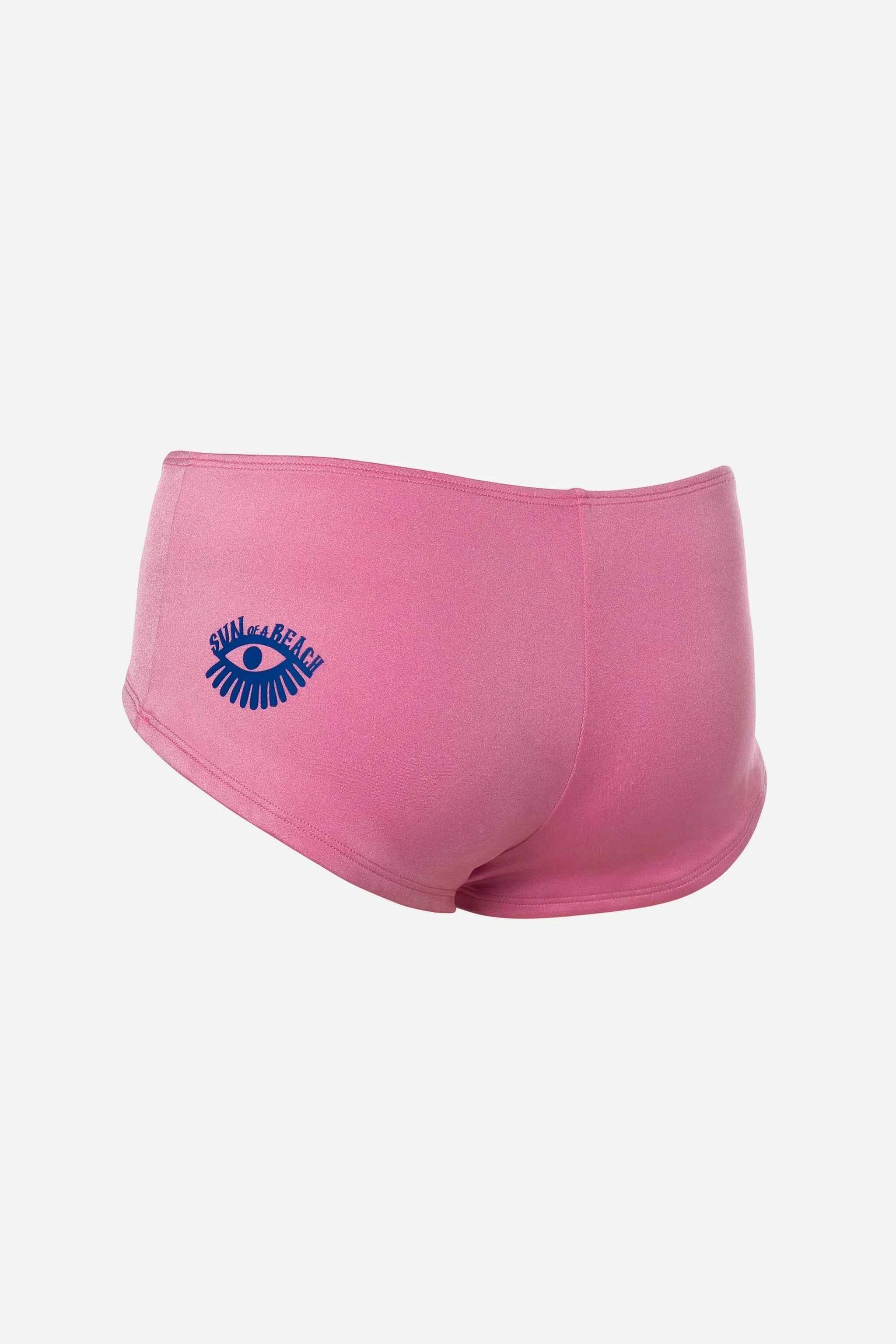 Pink shorts with a blue eye logo on a white background