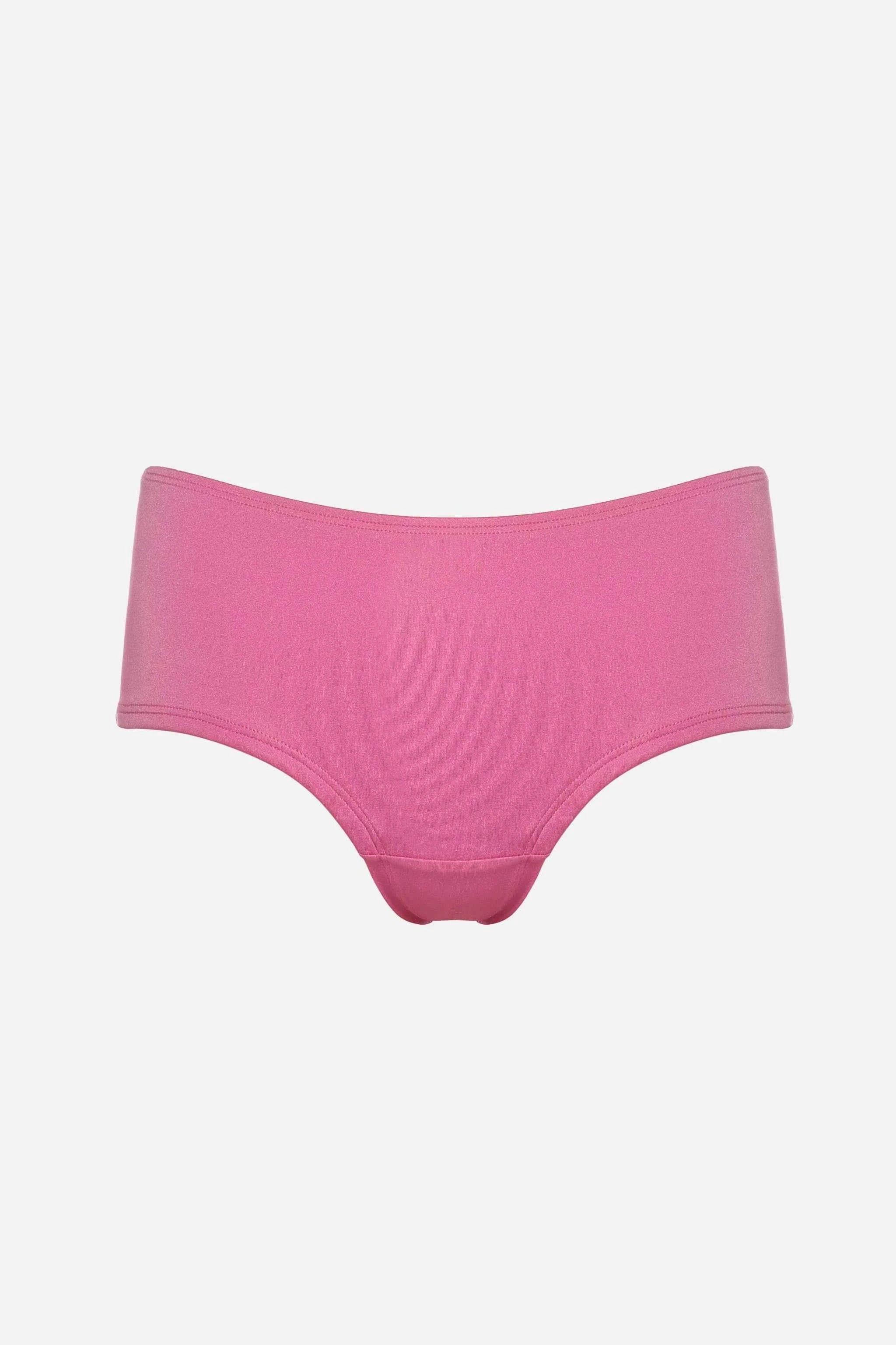 Pink high-waisted bikini bottom on a white background