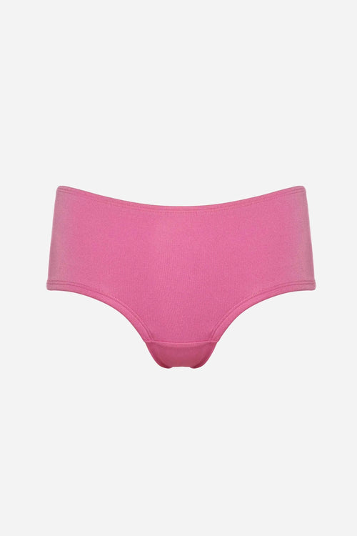 Pink high-waisted bikini bottom on a white background