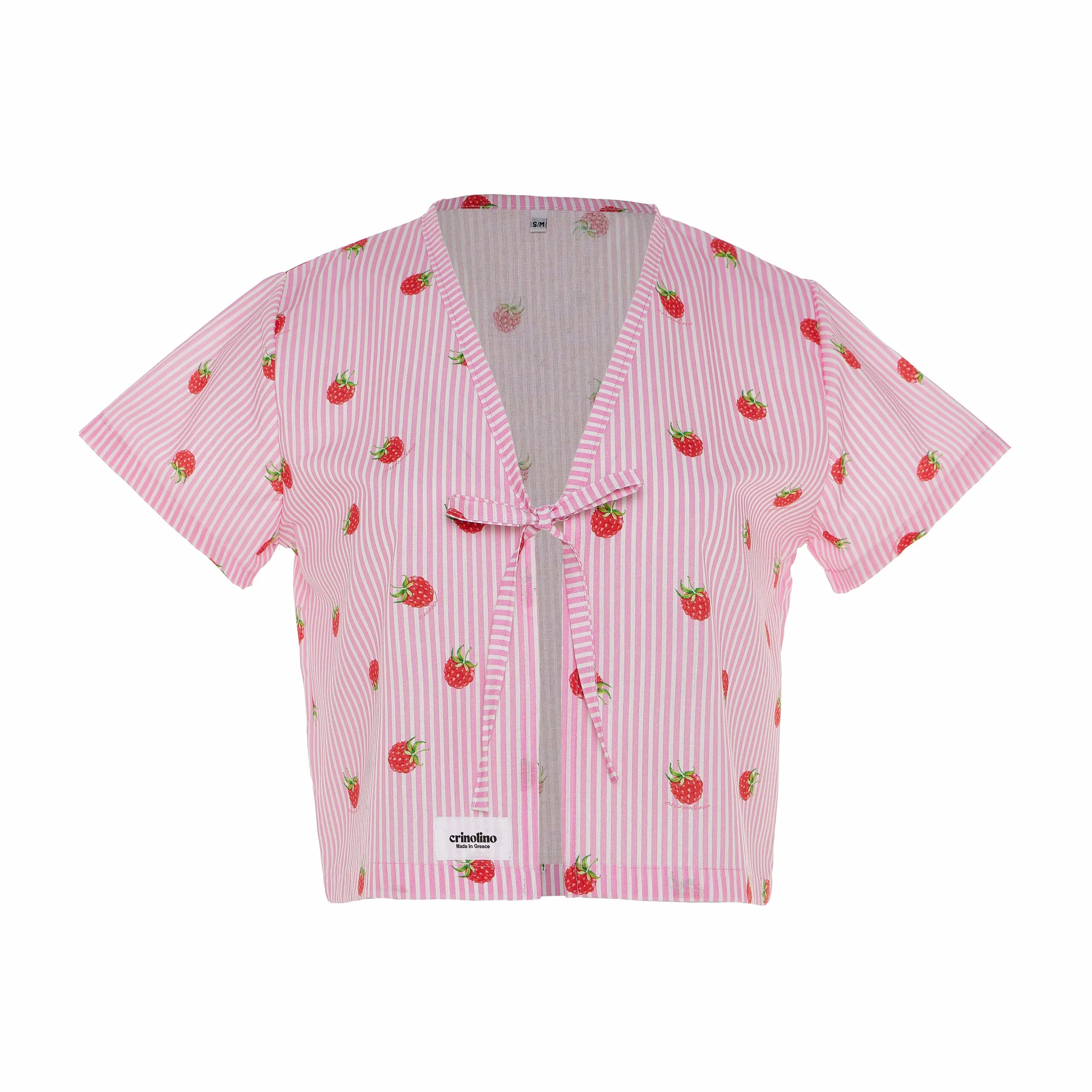 Pink jacket with strawberry pattern on a white background