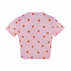 Pink and white striped shirt with strawberry pattern on a white background