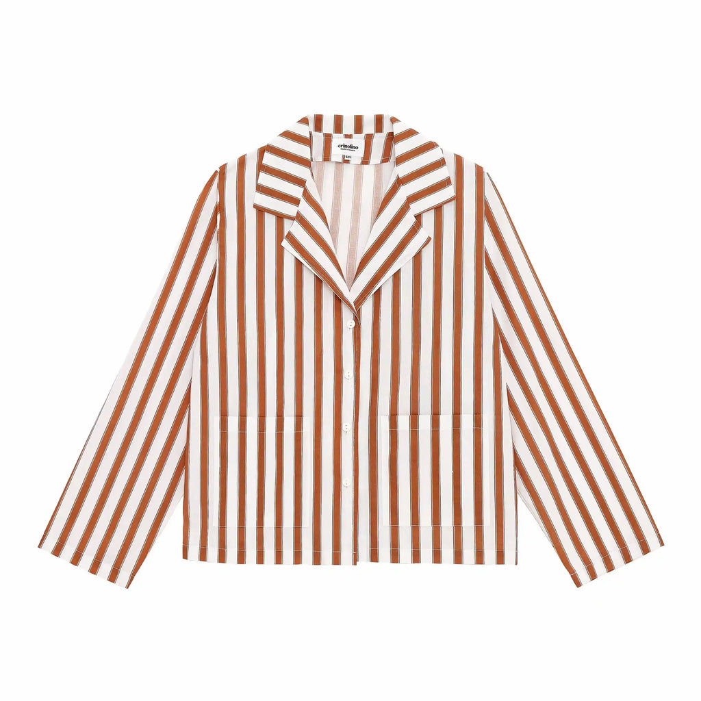 Striped shirt with brown and white vertical stripes on a white background