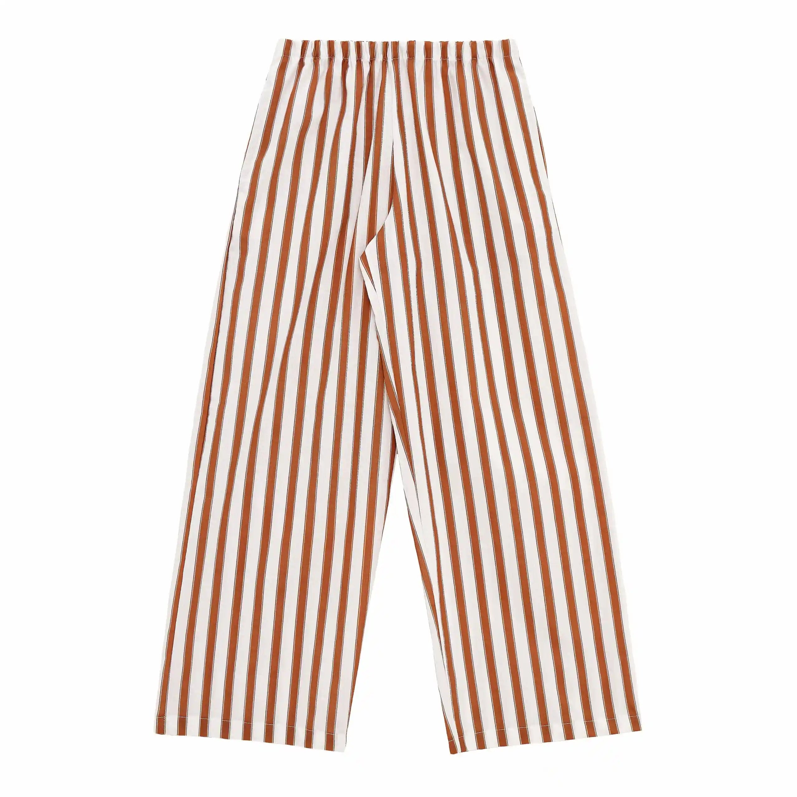Striped pants with brown and white stripes on a white background