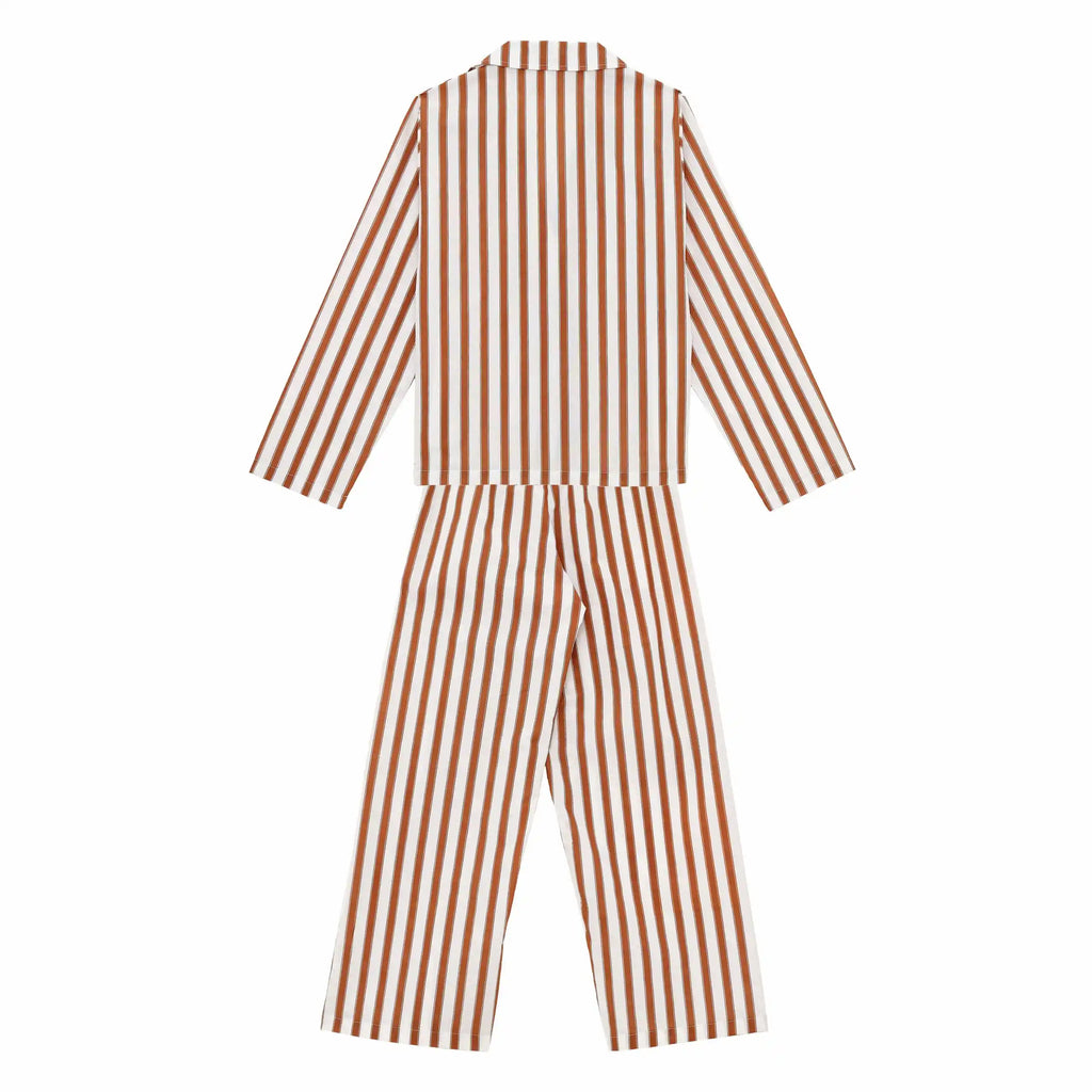 Brown and white striped pajama set on a white background