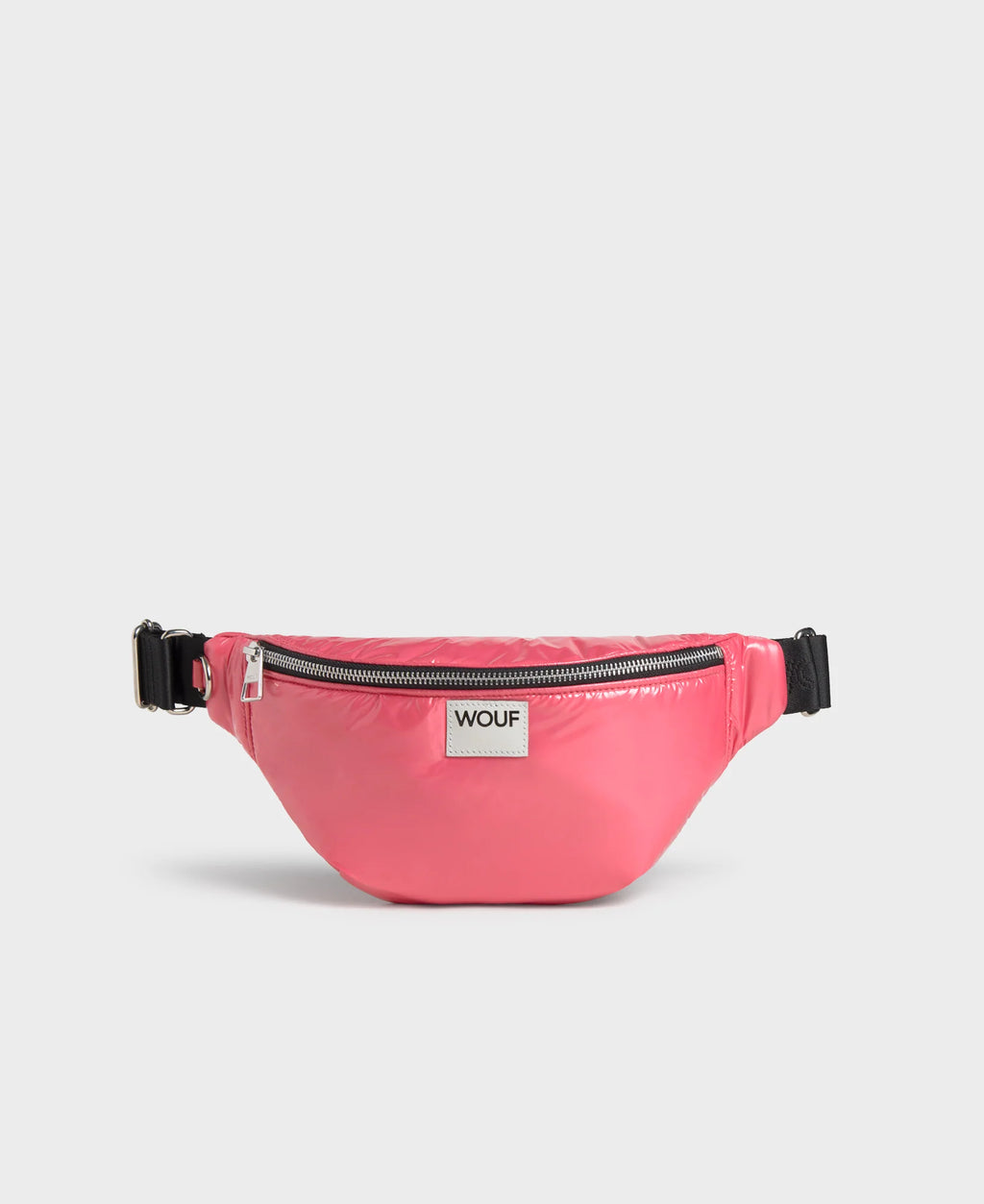 Pink waist bag with a visible brand logo 'Wouf' on a light gray background