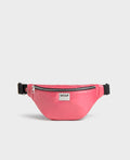 Pink waist bag with a visible brand logo 'Wouf' on a light gray background
