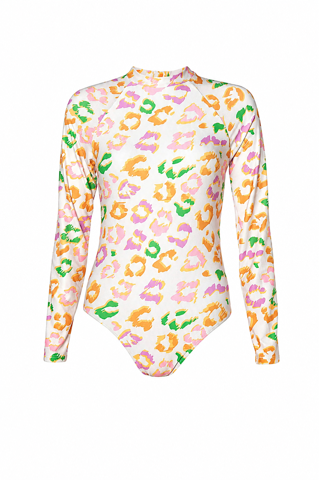 A long-sleeve bodysuit with a high mock neck, featuring an all-over colorful abstract leopard print pattern on a white base.