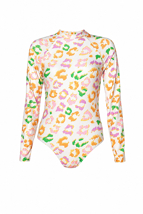 A long-sleeve bodysuit with a high mock neck, featuring an all-over colorful abstract leopard print pattern on a white base.
