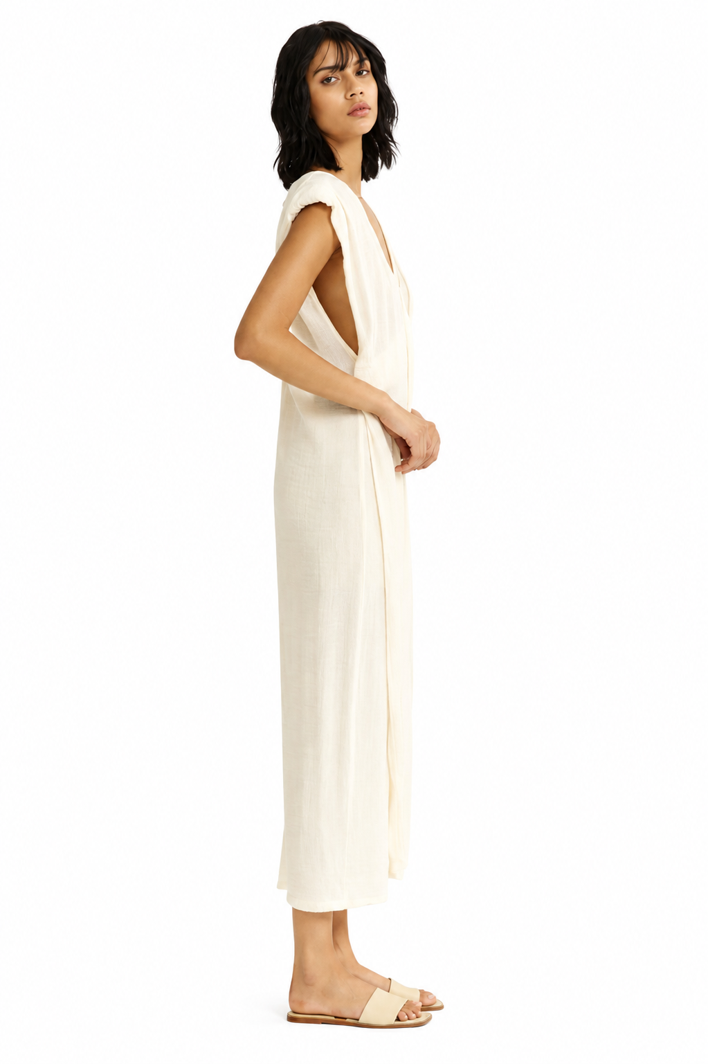 4tailors The Breeze Sleeveless Dress in ecru cotton, deep V-neckline and shoulder pad detail, full-length side view