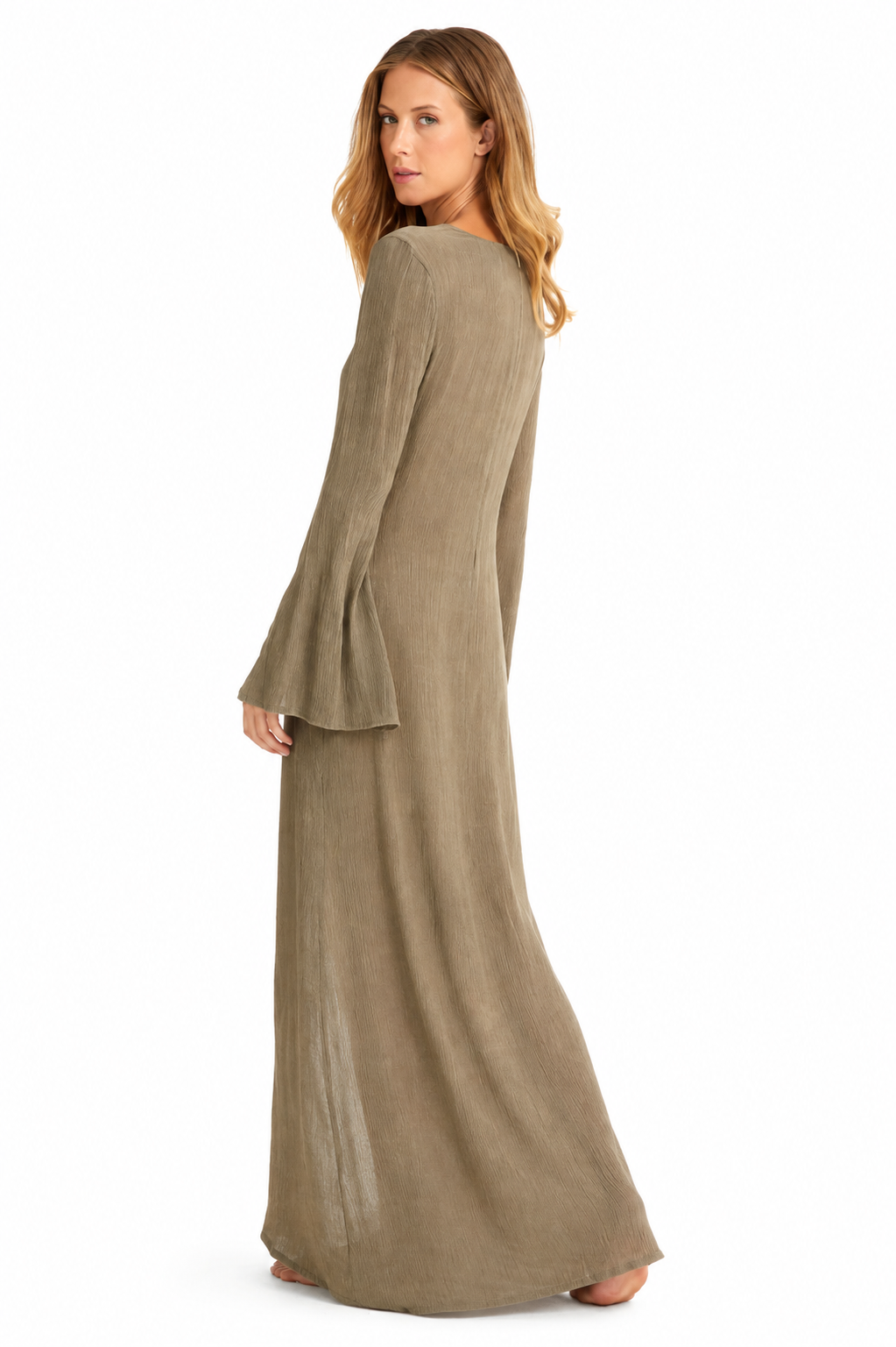 4tailors The Breeze Long Dress in khaki cotton, flared bell sleeves, full-length back vie.