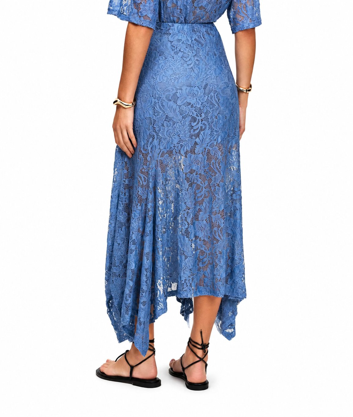 A woman modeling a blue floral lace midi dress with short flutter sleeves, shown from the back against a plain white background.