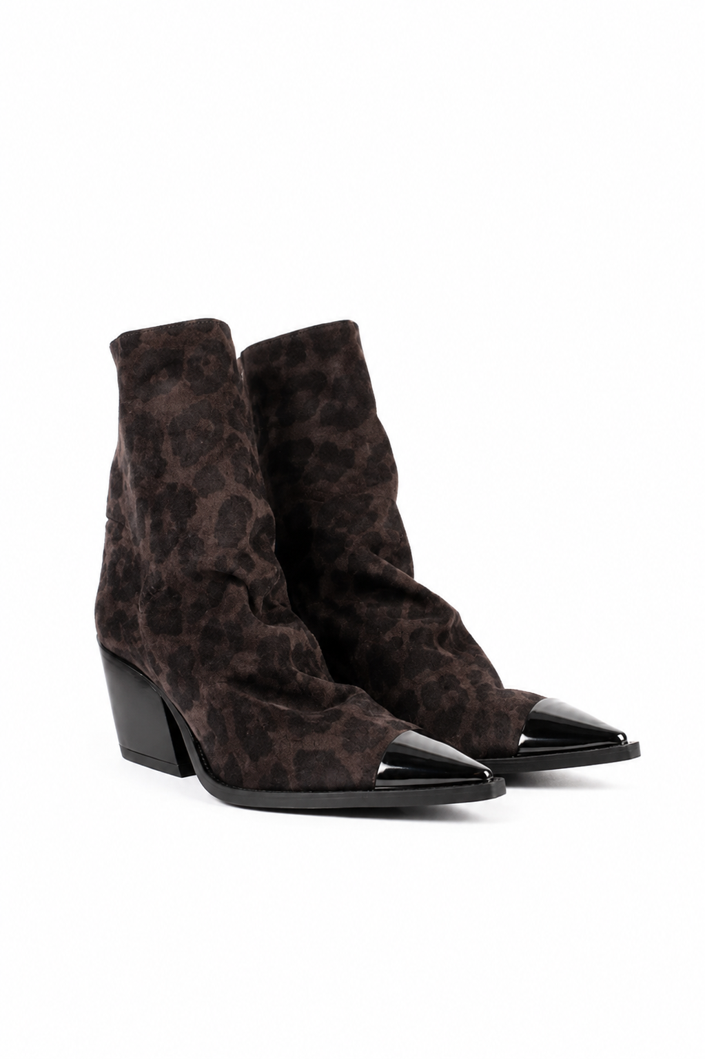 A pair of dark brown leopard-print ankle boots with black patent leather pointed toes and low block heels, shown on a plain white background.