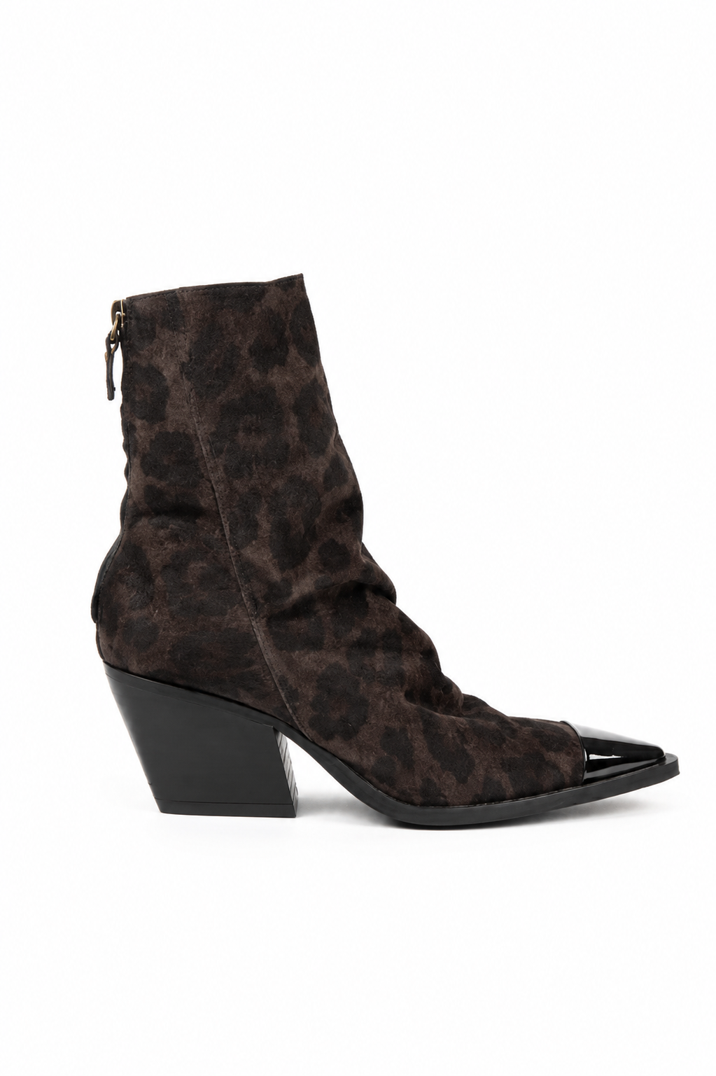 A dark brown and black leopard-print ankle boot with a black block heel and a glossy black pointed toe, shown from a side profile on a white background.