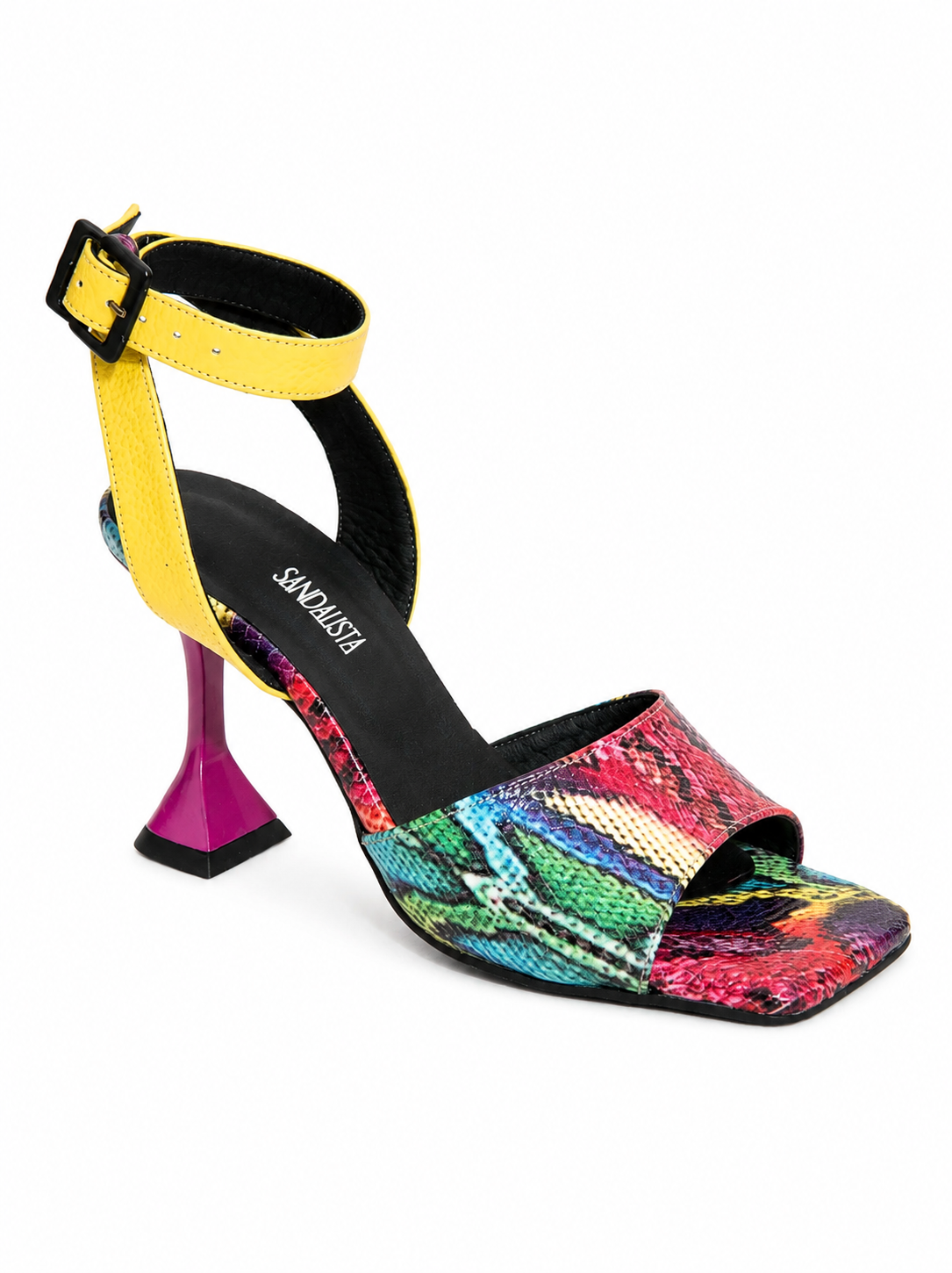 A single high-heeled sandal with a bright yellow ankle strap, a multicolor snakeskin-patterned toe strap and footbed, and a magenta and black sculptural heel, shown on a plain white background.