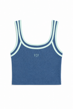 A blue cropped tank top with light blue and white striped trim on the scoop neck and straps, featuring a small 'PCP' logo on the chest, displayed flat against a white background.