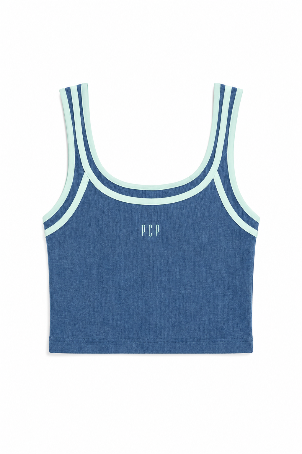 A blue cropped tank top with light blue and white striped trim on the scoop neck and straps, featuring a small 'PCP' logo on the chest, displayed flat against a white background.