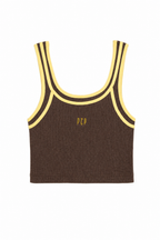 A dark brown cropped tank top with yellow and black double-striped trim along the scoop neck and armholes, featuring a small yellow 'PCP' logo on the chest, displayed on a solid white background.