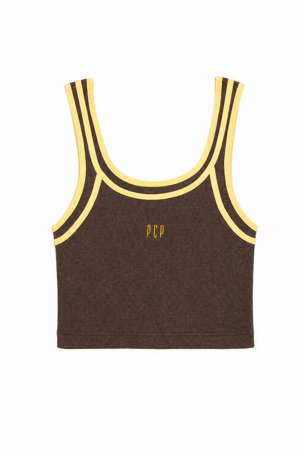 A dark brown cropped tank top with yellow and black double-striped trim along the scoop neck and armholes, featuring a small yellow 'PCP' logo on the chest, displayed on a solid white background.