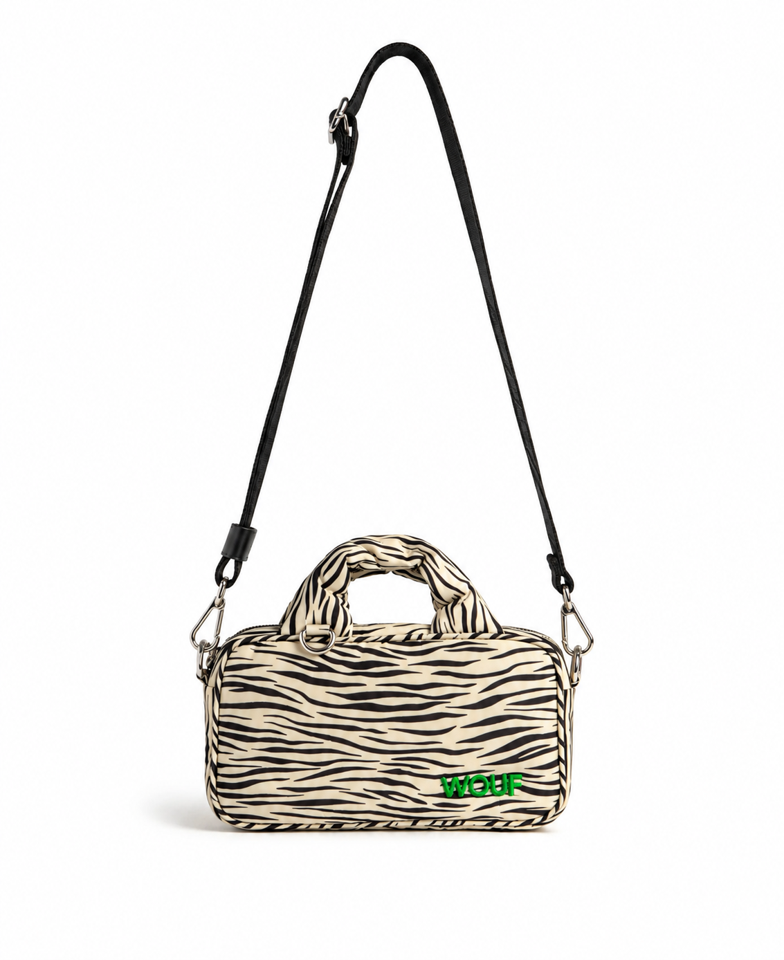 WOUF Zebra Hit Mini Bag in black and white zebra print with green logo embroidery and black crossbody strap on white background