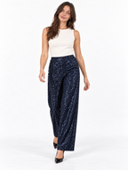 A woman modeling a pair of navy blue sequined wide-leg pants with a white sleeveless top and black heels, standing against a plain white studio background.