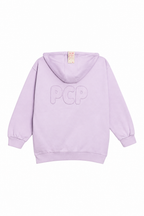 A light purple/lavender hooded sweatshirt shown from the back, featuring a subtle tonal 'PCP' logo across the upper back. The hoodie has a drawstring hood, ribbed cuffs, and a ribbed hem, photographed against a solid white background.