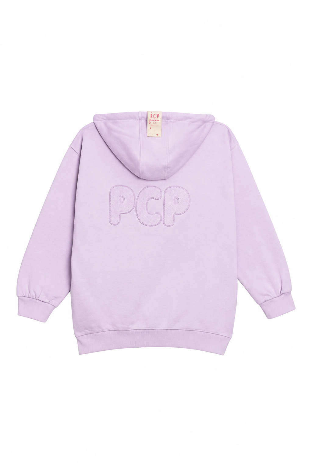A light purple/lavender hooded sweatshirt shown from the back, featuring a subtle tonal 'PCP' logo across the upper back. The hoodie has a drawstring hood, ribbed cuffs, and a ribbed hem, photographed against a solid white background.