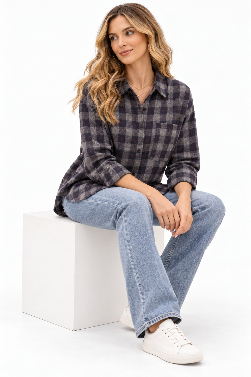 Women's Plaid Flannel Shirt in Navy & Grey