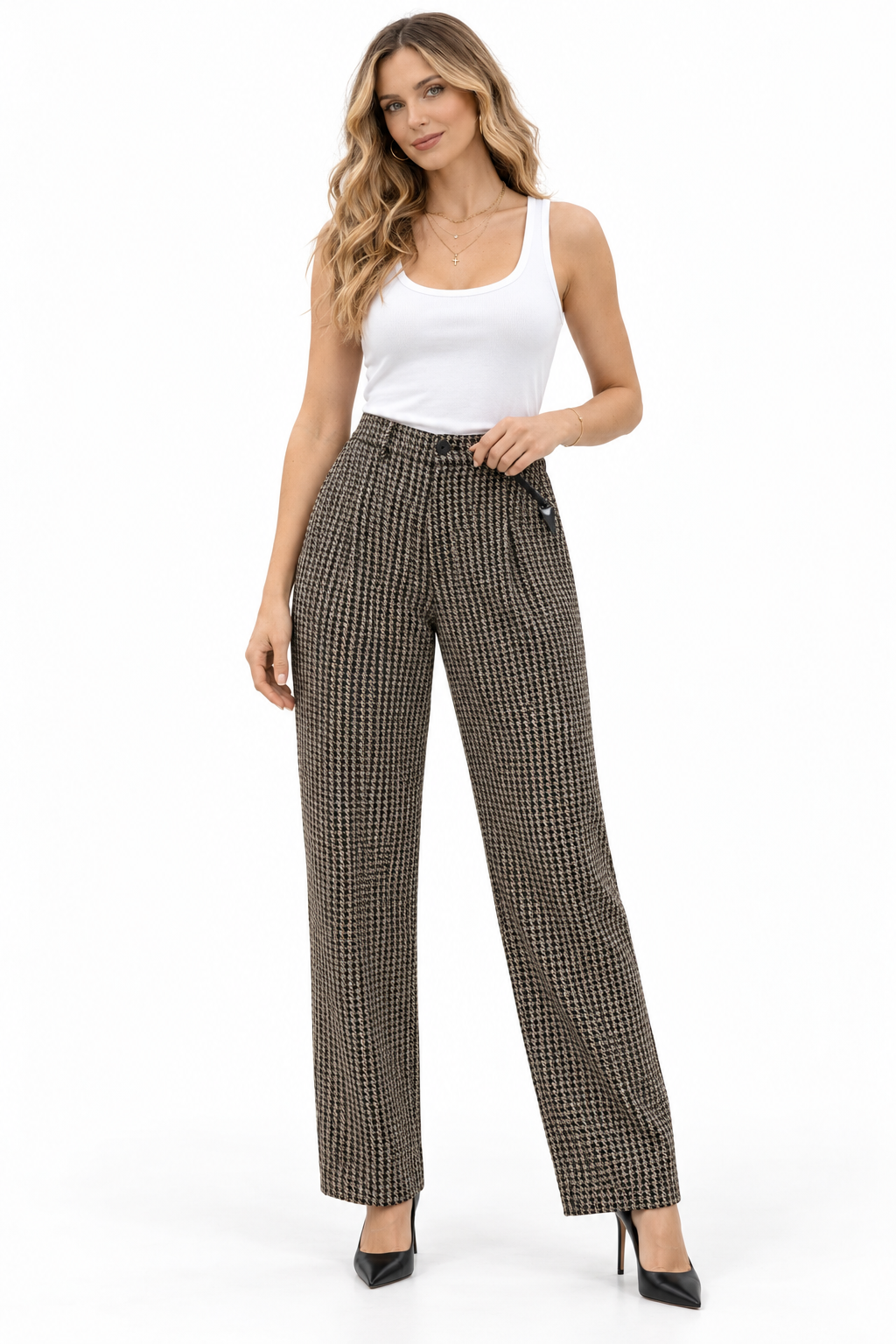 High-Waist Houndstooth Tailored Trousers