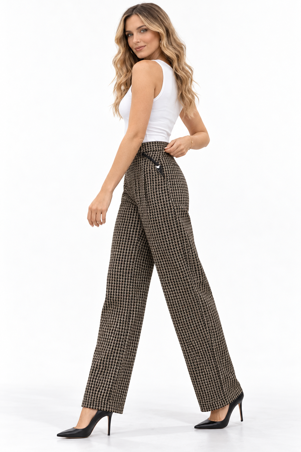 High-Waist Houndstooth Tailored Trousers