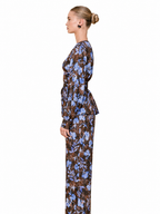 Love And Alicia ARIADNE brown and blue floral viscose pants styled with a matching top, side view