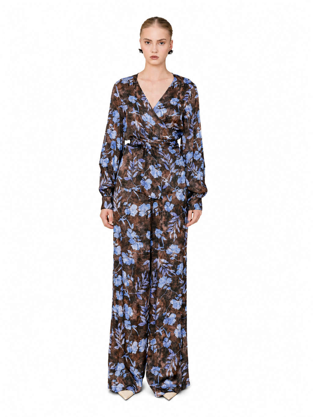 Love And Alicia ARIADNE brown and blue floral wide-leg viscose pants worn with a matching wrap top, front view