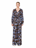 Love And Alicia ARIADNE brown and blue floral wide-leg viscose pants worn with a matching wrap top, front view