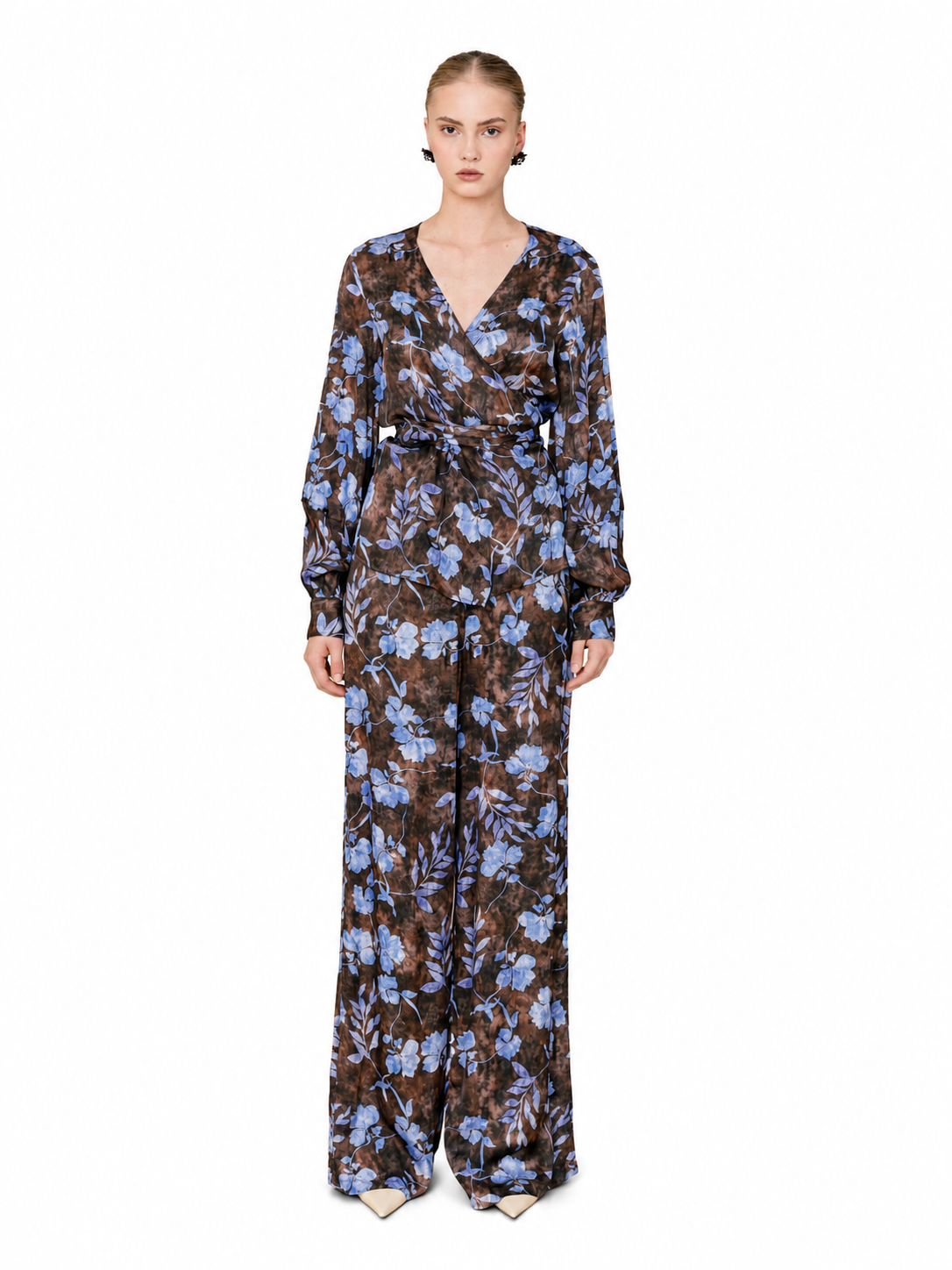 Love And Alicia ARIADNE brown and blue floral wide-leg viscose pants worn with a matching wrap top, front view