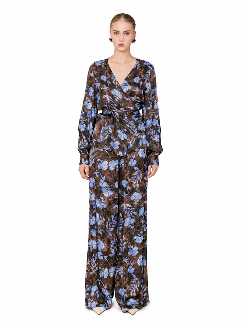 Love And Alicia ARIADNE brown and blue floral wide-leg viscose pants worn with a matching wrap top, front view