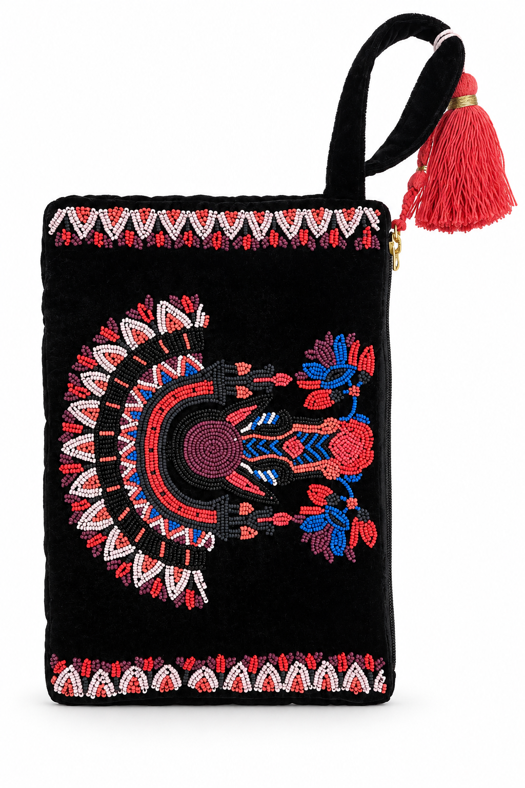Black velvet clutch bag with a red and multicolor beaded geometric and floral design, featuring a black handle with a red tassel on a white background.