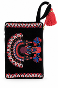 Black velvet clutch bag with a red and multicolor beaded geometric and floral design, featuring a black handle with a red tassel on a white background.