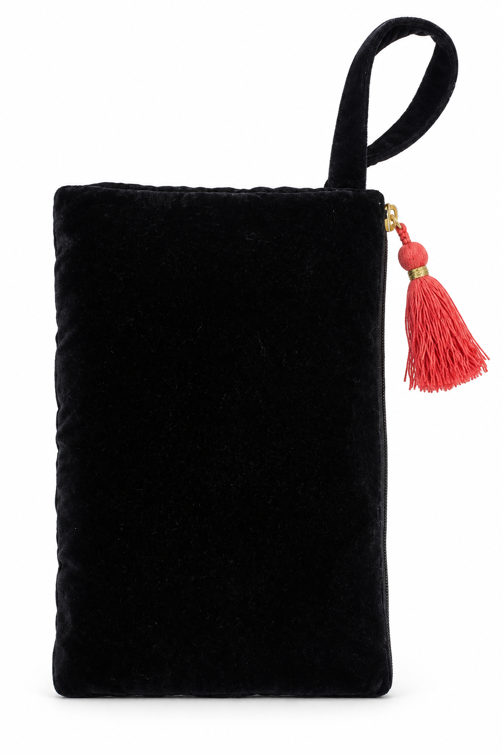 A black velvet clutch bag with a top handle and a red tassel zipper pull, shown against a plain white background.