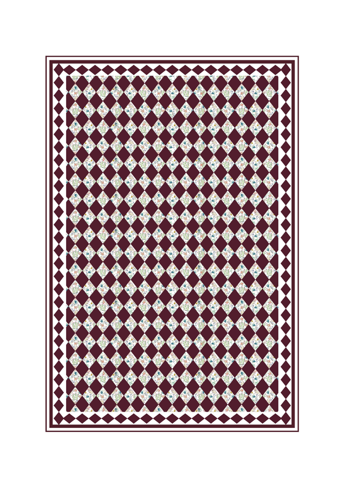Patterned rug with diamond design in red and white on a white background