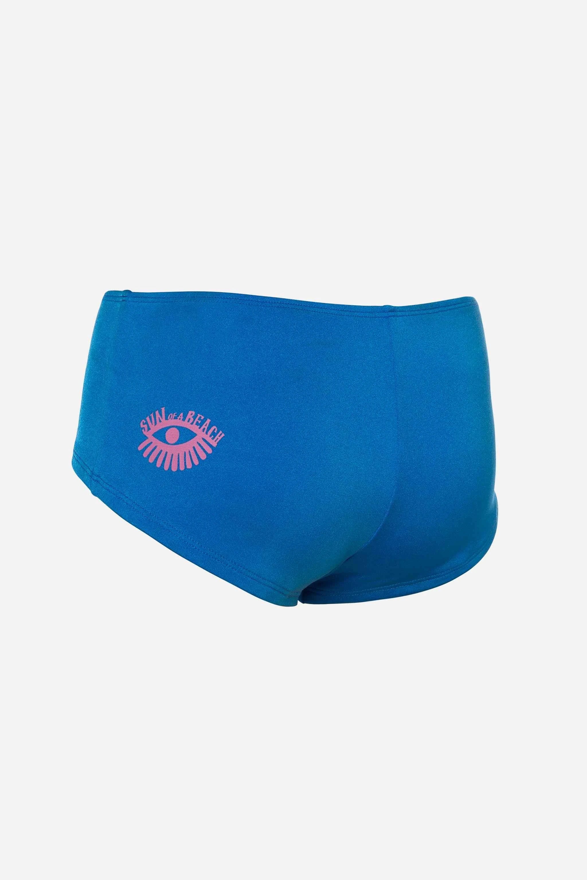 Blue high-waisted bikini bottom with a logo on a white background