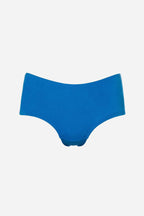 Blue high-waisted bikini bottom on a white background