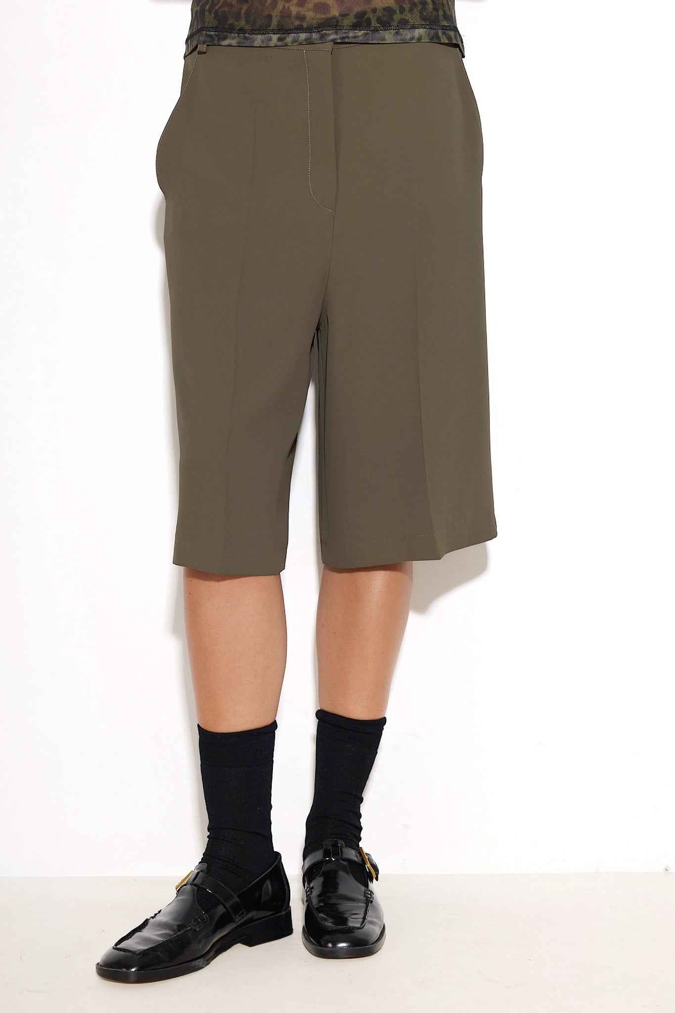 Reba Crepe Long Shorts - Khaki