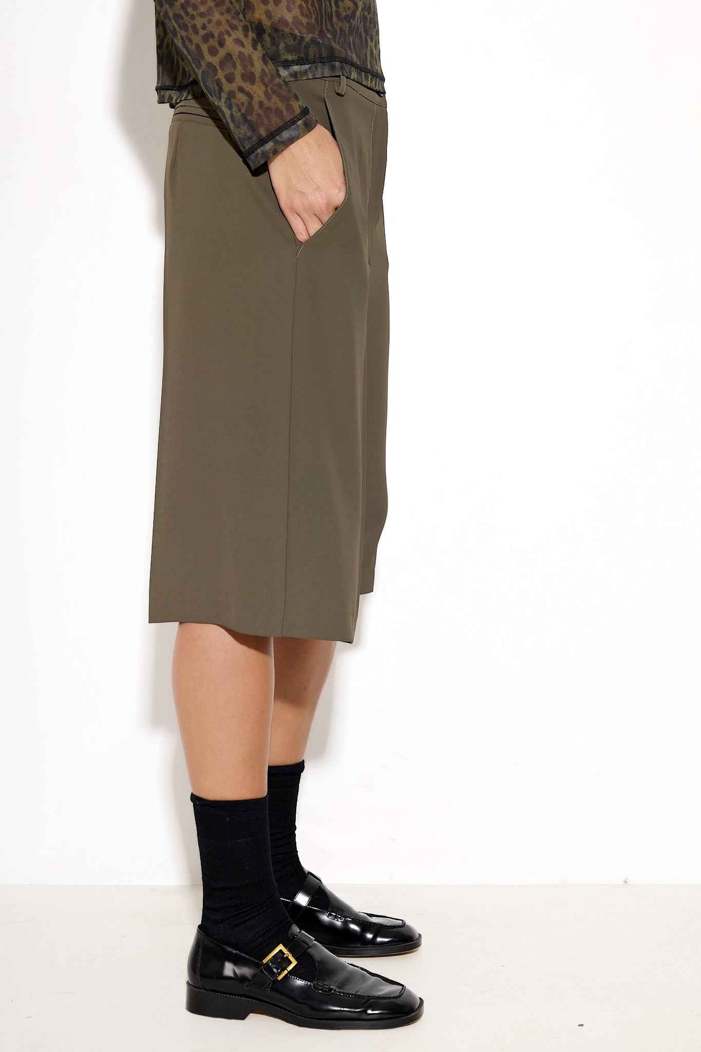 Reba Crepe Long Shorts - Khaki