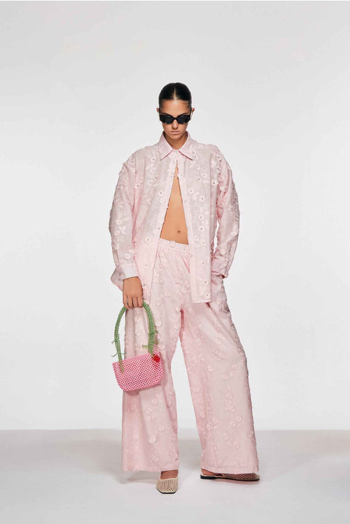 Oui Odile Eleonora pink sheer shirt and wide-leg trousers co-ord set with 3D floral appliqués